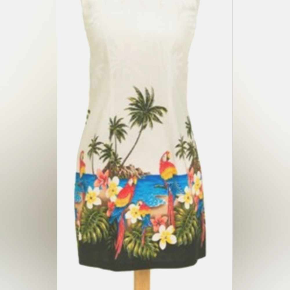Pacific Legend Parrots And Palms White Resort Sheath Mini Dress. Sz. XL. NWT
